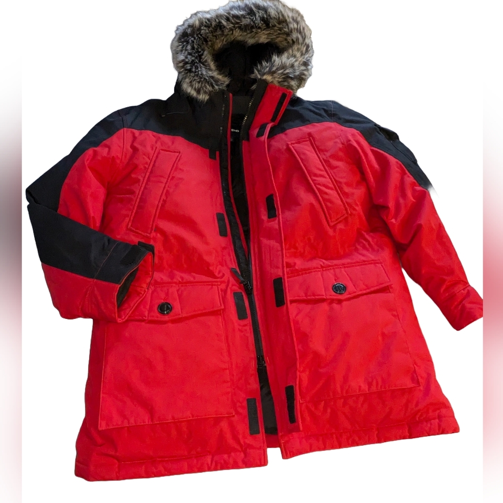 Men's Parka Land's End in Red and Black with Hood, Down Insulated, Size XL